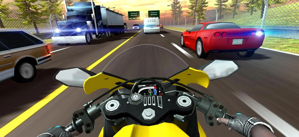 Highway Moto Rider 2 Bike Game - First person perspective of a yellow motorcycle weaving through highway traffic at sunset