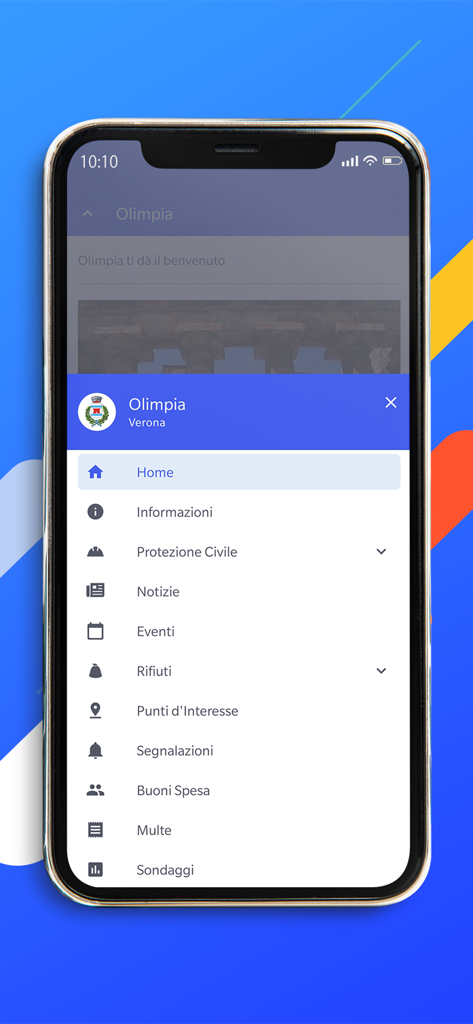 Menu de navegação principal do aplicativo Municipium exibindo vários serviços municipais, como notícias e relatórios de gerenciamento de lixo.