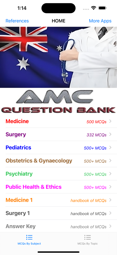 AMC Question Bank - Home screen of the AMC Question Bank app showing a list of medical exam categories like Medicine Surgery and Pediatrics