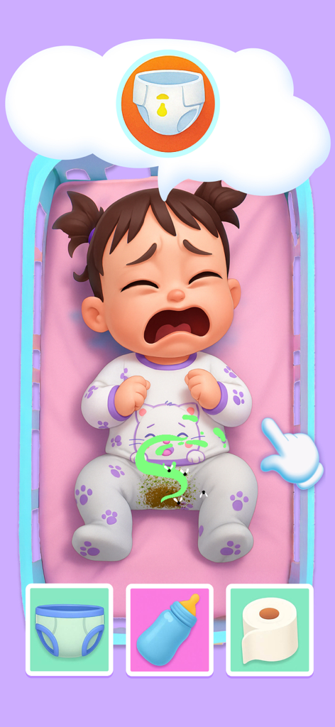 My Baby Care: Virtual Dress Up - A virtual baby crying in a crib needing a diaper change with gameplay icons for care