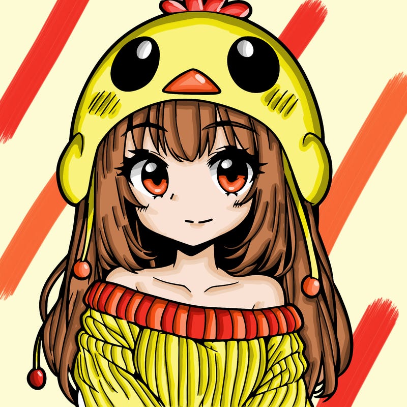 anime girl with chick shaped hat with sweater with bare shoulders with bangs covering them one eye with low tail