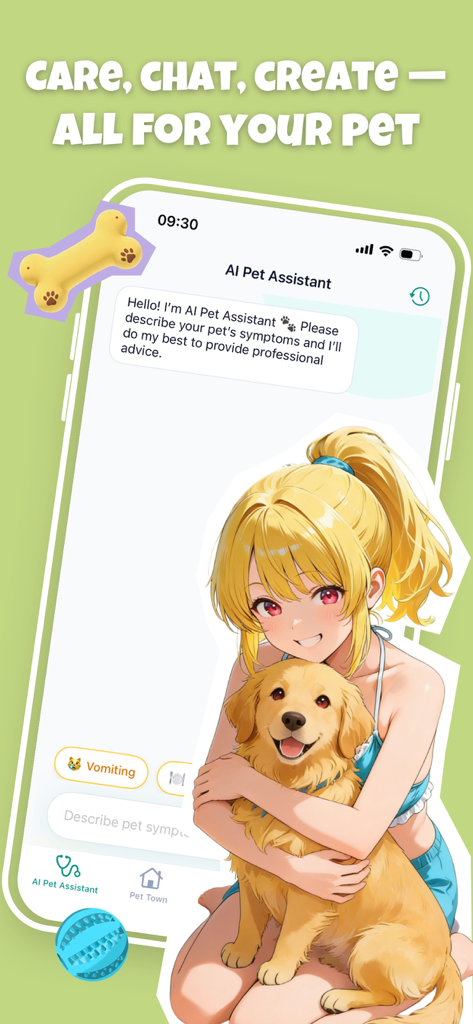 Cutie AI: Roleplay Fantasy - Anime character hugging a puppy next to an AI pet care chat interface.
