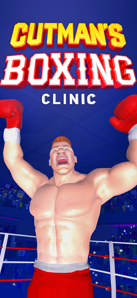 Boxer cheering in the ring on the Cutmans Boxing Clinic game title screen