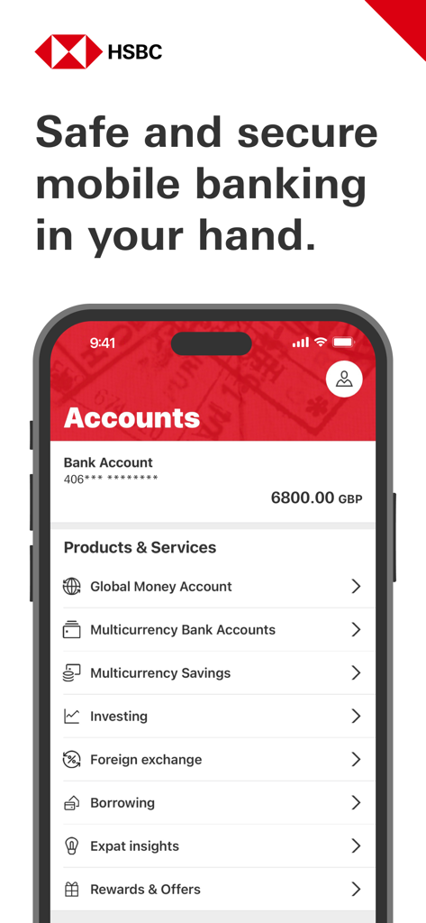 HSBC Expat - HSBC Expat mobile app interface showing multi-currency account balances and global banking services