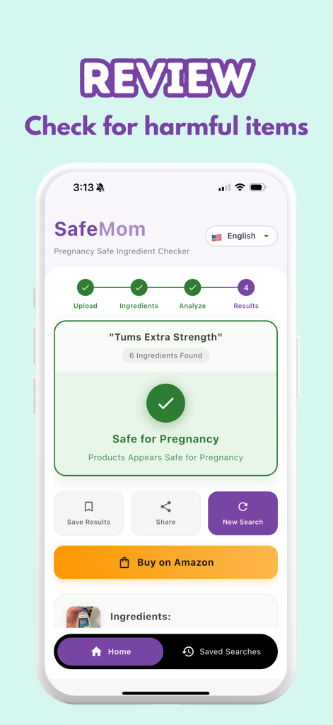 SafeMom - Food & Skincare Scan - SafeMom app interface showing a pregnancy safe scan result for a consumer product
