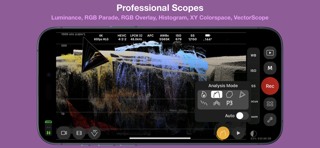 Cinema P3 Pro Camera - Cinema P3 Pro Camera app interface showing professional video analysis scopes on an iPhone