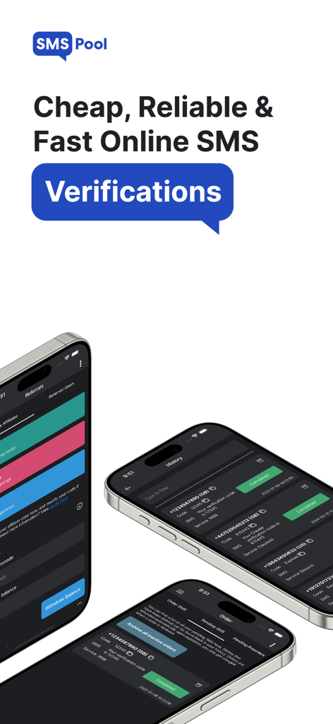 SMSPool mobile app interface showing SMS verification history and service codes on multiple smartphones