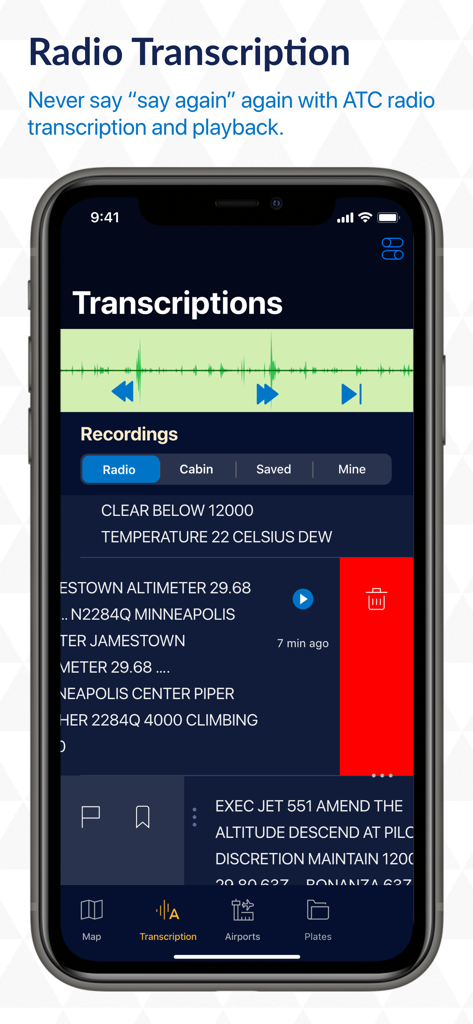 Stratus Insight EFB - Stratus Insight EFB app interface displaying ATC radio transcription and audio playback functionality for pilots.