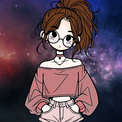 girl with a messy ponytail glasses a baggy crop top and jean shorts