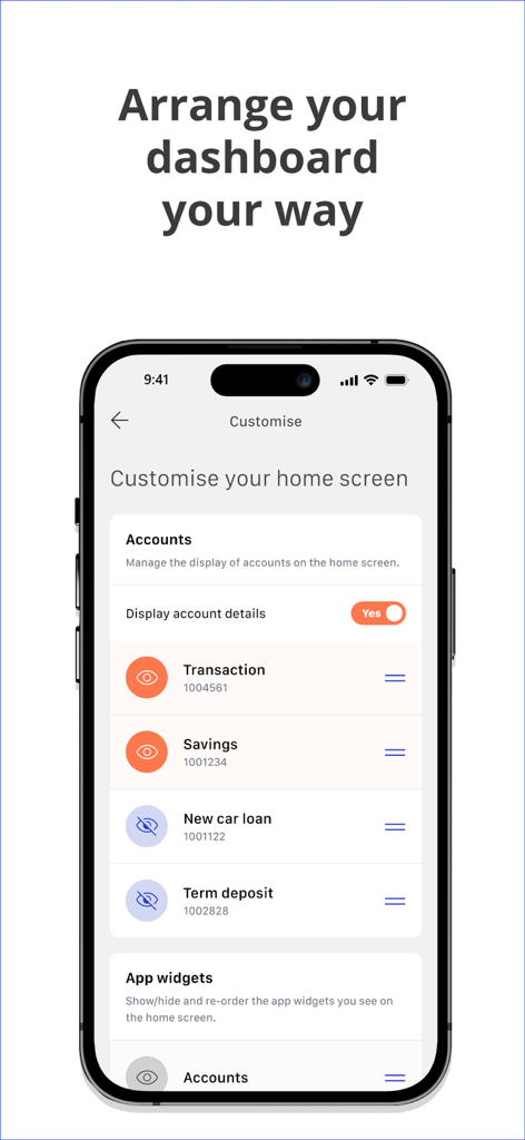 BankVic app - BankVic mobile app screen for customizing the home screen dashboard and account details