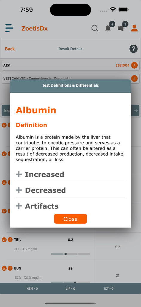 An information pop up in the ZoetisDx app showing the definition and differentials for Albumin in a veterinary patient report