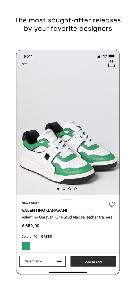 Página de produto do aplicativo GIGLIO.COM exibindo tênis de couro Valentino Garavani