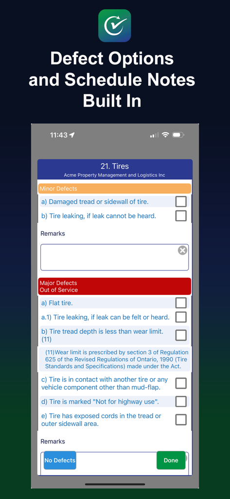 ReadyChek - ReadyChek mobile app screen showing a digital vehicle inspection checklist for tires with categories for minor and major defects.