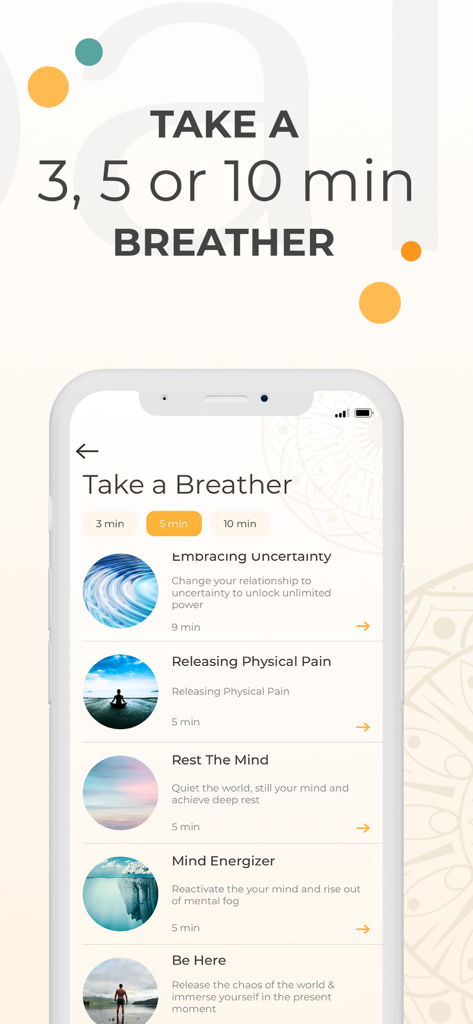 Pause Breathwork Exercises - Pause Breathwork app interface showing a list of 3, 5, and 10-minute breathing exercises.