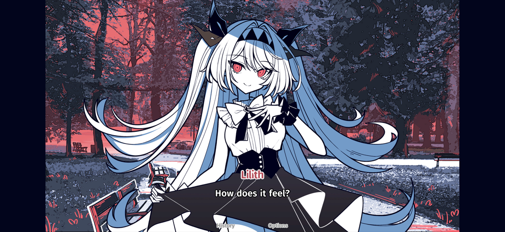 The NOexistenceN of you AND me - ビジュアルノベル「君と僕の「無」」で、シュルレアリスティックな公園のシーンで、アニメキャラクターのリリスが「どんな気分？」と尋ねている。