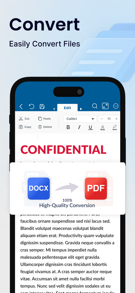 Tela de smartphone mostrando a conversão de um arquivo DOCX para um documento PDF com alta qualidade.