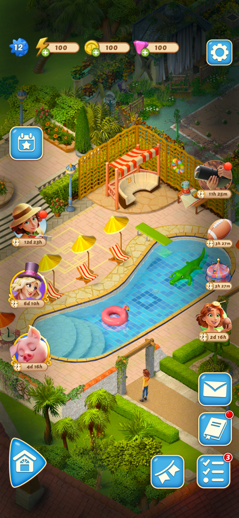 Gameplay screenshot of a renovated swimming pool area in the Merge Mansion garden featuring lounge chairs and umbrellas