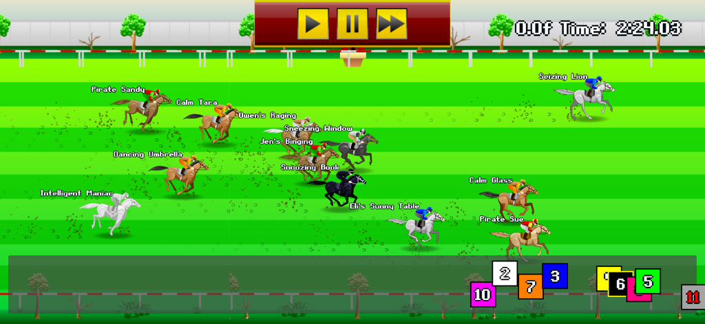 Tap Derby: Horse Racing - Pixel art gameplay of multiple horses competing on a green racing track in Tap Derby