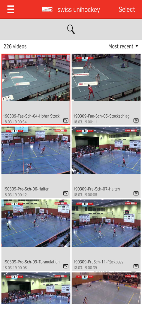 Captura de pantalla de la aplicación Swiss Unihockey Video que muestra una cuadrícula de clips de partidos de floorball y vídeos de análisis de rendimiento