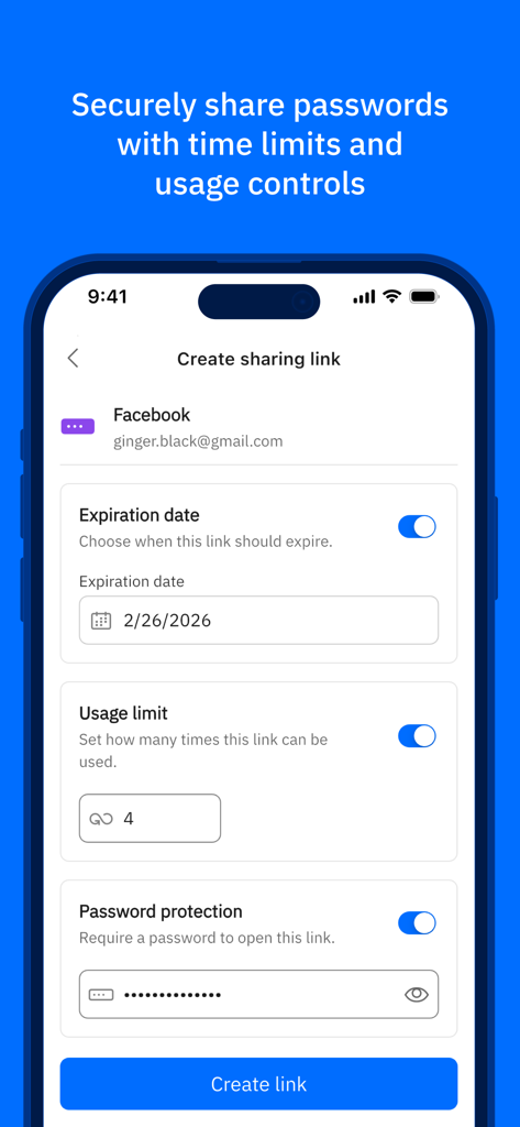 Bitdefender SecurePass - Interfaccia dell'app Bitdefender SecurePass per la creazione di un link di condivisione sicuro con data di scadenza e limiti di utilizzo.