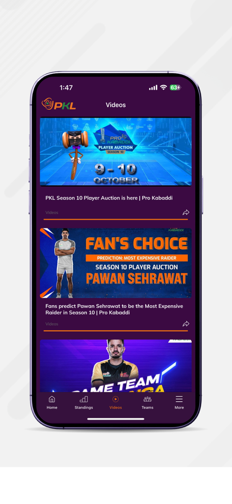 Pro Kabaddi Official App - Videos section of the Pro Kabaddi Official App featuring PKL Season 10 player auction news and fan choice polls