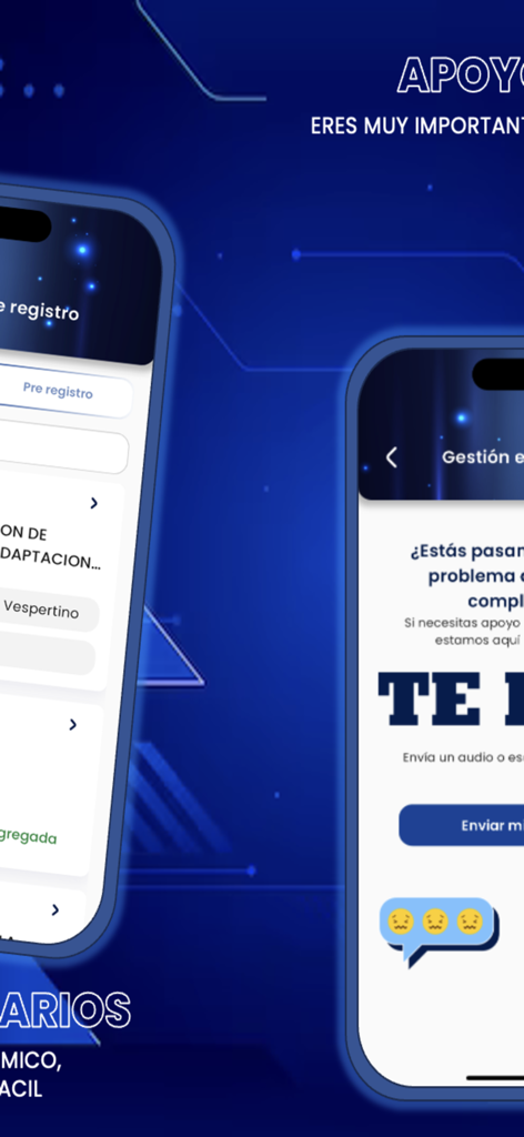 LEO UdeG - Two mobile phone screens showing university registration and student support chat interfaces of the LEO UdeG app