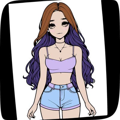a realistic girl with long hair and in a crop top and shprts