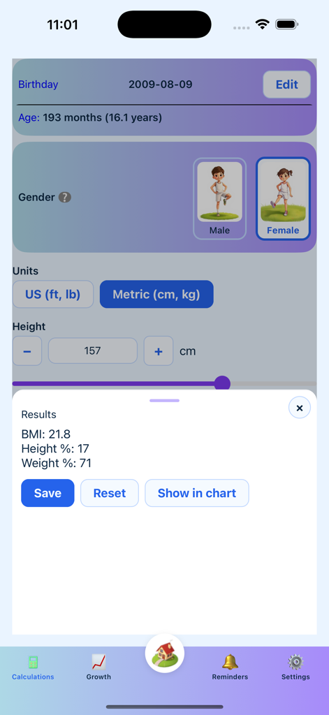 GH Tracker - GH Tracker app interface showing BMI and growth percentile calculations for a child