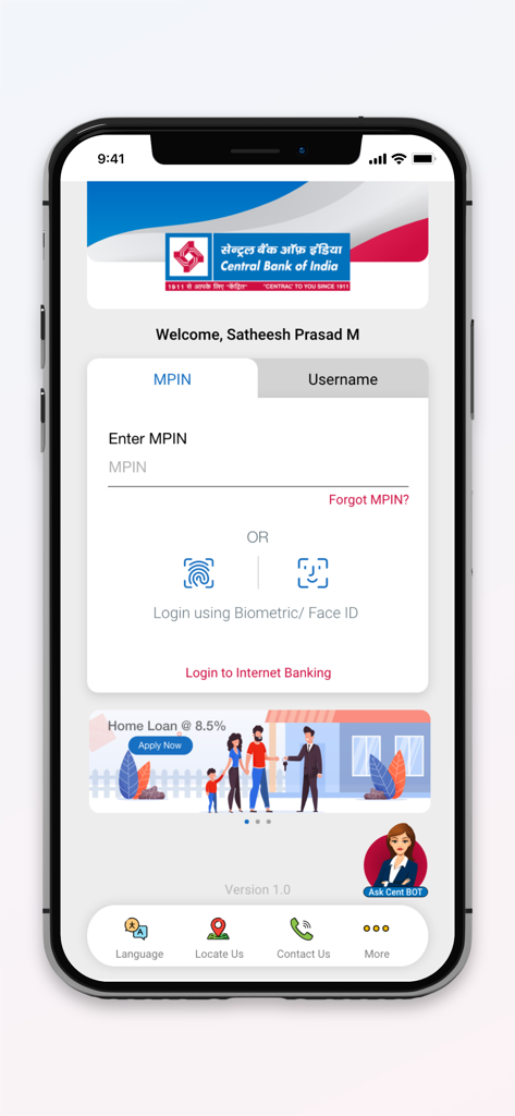 CentMobile - Login screen of CentMobile app with MPIN and biometric authentication options