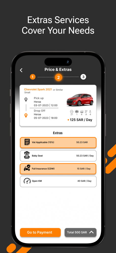 Key Car Rental - La aplicación Key Car Rental muestra los detalles del coche y los servicios extra opcionales.