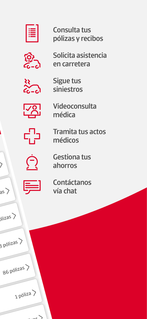 Lista de funciones en la app E-cliente Occident que incluyen pólizas de seguro, asistencia en carretera y videoconsultas médicas.