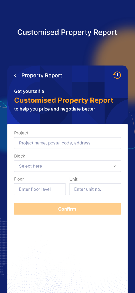 Interface do aplicativo RealAgent para gerar um relatório de propriedade personalizado com campos de entrada de endereço e unidade