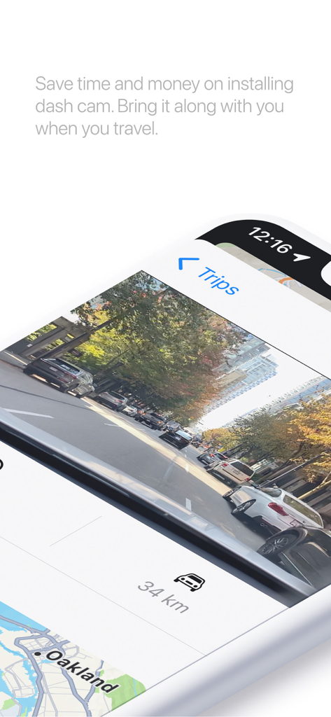 DashMap - DashMap app interface on an iPhone showing a dash cam video recording and an integrated navigation map