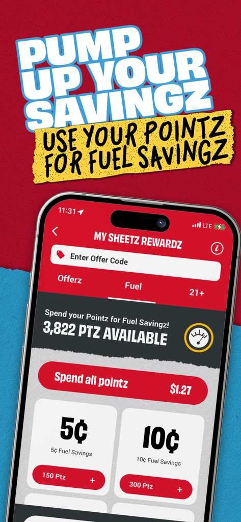Sheetz app interface showing fuel savings rewards and points balance for gas discounts.