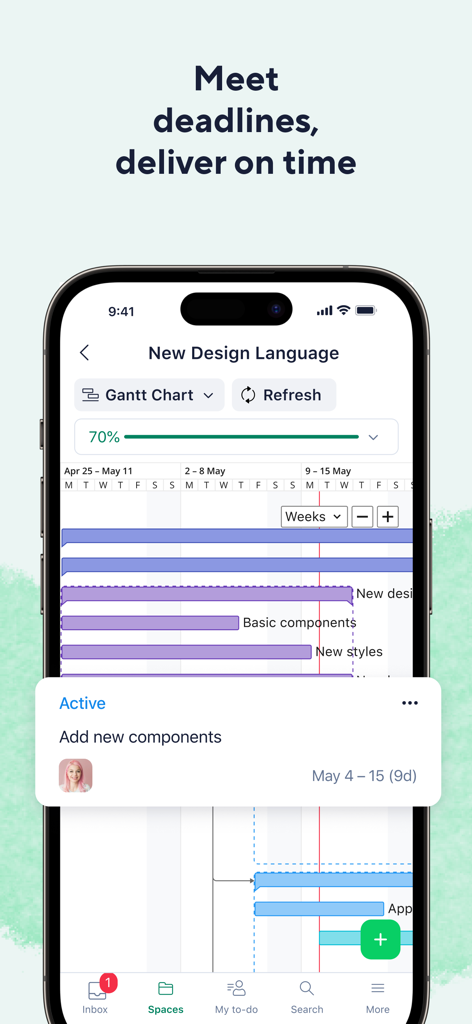 Wrikeモバイルアプリ。プロジェクト管理と締め切り追跡のためのガントチャートを表示しています。