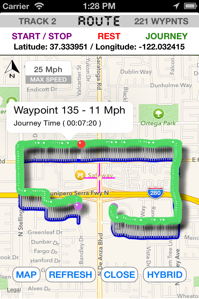iTracker app screenshot displaying a recorded GPS route on a map with speed and waypoint data