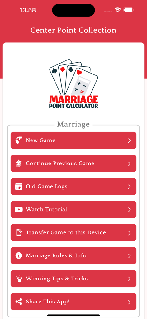 Marriage Point Calculator app main menu with game options