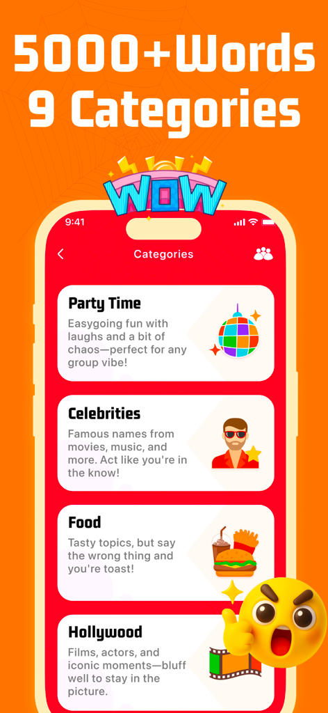 Imposter Spy Game - WhoIsSpy - Captura de pantalla de la aplicación WhoIsSpy que muestra varias categorías de palabras, incluyendo Fiesta, Celebridades, Comida y Hollywood