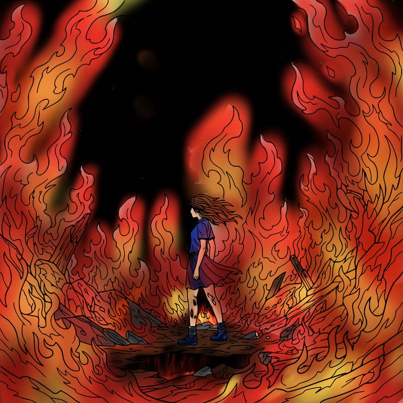 there is fire evey where and a girl standing