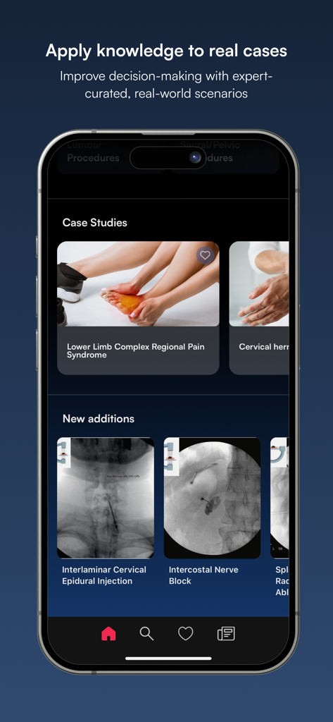 NYSORA Pain Medicine Assistant - NYSORA Pain Medicine Assistant app displaying clinical case studies and fluoroscopy-guided injection procedures.