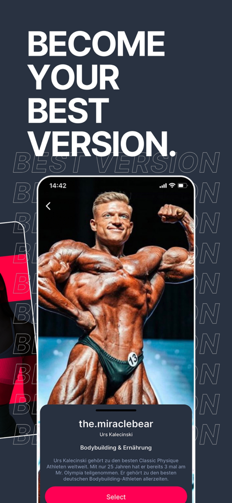 GYMKY - Fitness & AI Nutrition - GYMKY app screenshot featuring a bodybuilding coach profile with motivational text