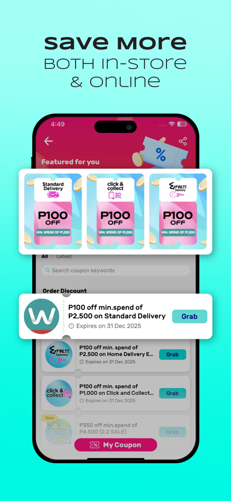 Interfaccia dell'app Watsons Filippine che mostra vari coupon di sconto per lo shopping e opzioni di consegna