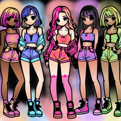a group of girls wearing crop tops and shorts