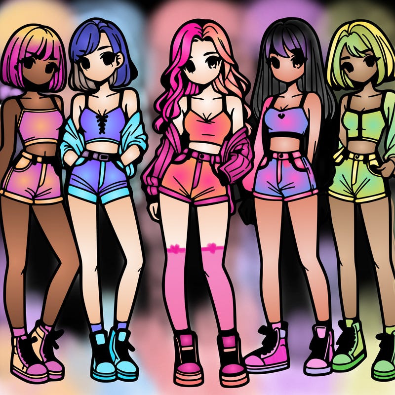 a group of girls wearing crop tops and shorts