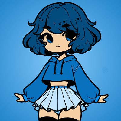 cute femboy with short, fluffy hair that softly frames their face, wearing a cropped hoodie, paired with a flouncy short skirt, and thigh-high stockings