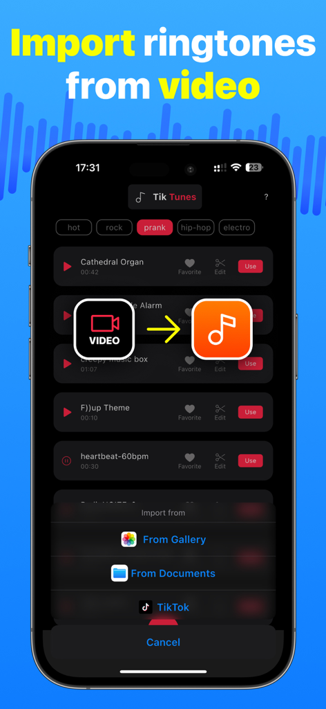 Tik Ringtones - Garage Maker - Interfaz de la aplicación que muestra el proceso de importación de tonos de llamada desde la galería de videos y TikTok