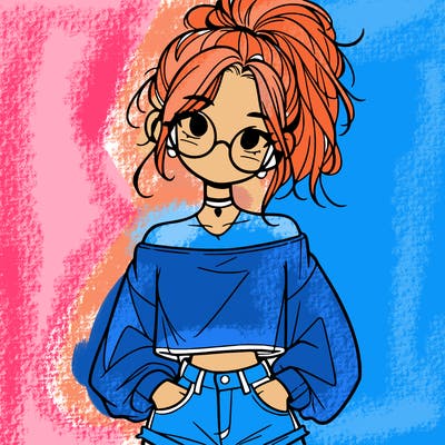 girl with a messy ponytail glasses a baggy crop top and jean shorts