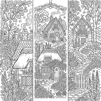 Discover the charm of idyllic garden cottages nestled within lush, whimsical gardens, perfectly designed as printable bookmarks. Each intricately detailed scene invites you to bring a touch of nature's beauty to your favorite books.