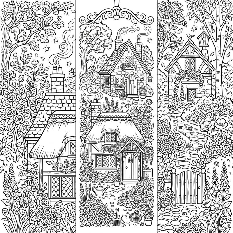 Discover the charm of idyllic garden cottages nestled within lush, whimsical gardens, perfectly designed as printable bookmarks. Each intricately detailed scene invites you to bring a touch of nature's beauty to your favorite books.