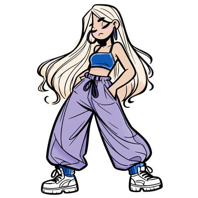 girl in baggy pants crop top and long hair